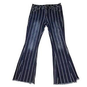Grace in LA Womens Striped Flare Jeans Dark Wash Raw Hem Size 32 Bellbottom Boho